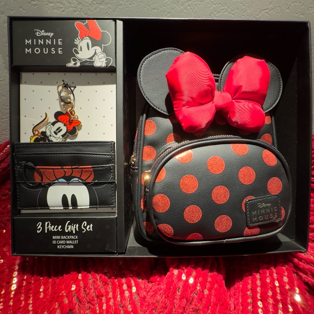 🎁Disney Minnie Mouse Red and Black Polka Dot Mini Backpack, Wallet and Key Chain
